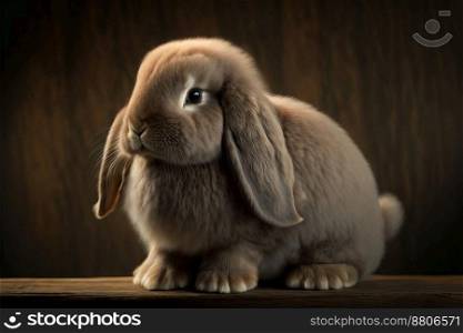 Young mini lop rabbit sitting on brown wood