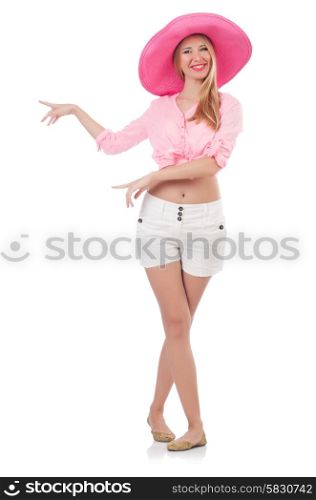 Young model i panama hat pressing virtual buttons isolated on white