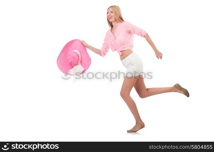 Young model in panama hat in motion isolated on white