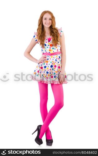 Young model with pink stockings on white