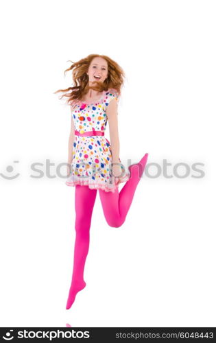 Young model with pink stockings on white