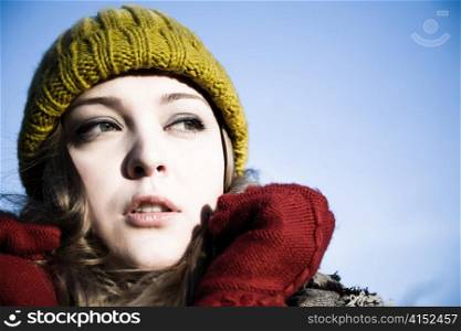 Young Model Woman In Green Hat Outdoors