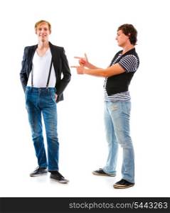 Young modern man pointing on his friend. Isolated on white&#xA;