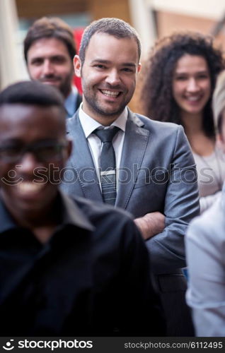 young multi ethnic business people group walking standing and top view