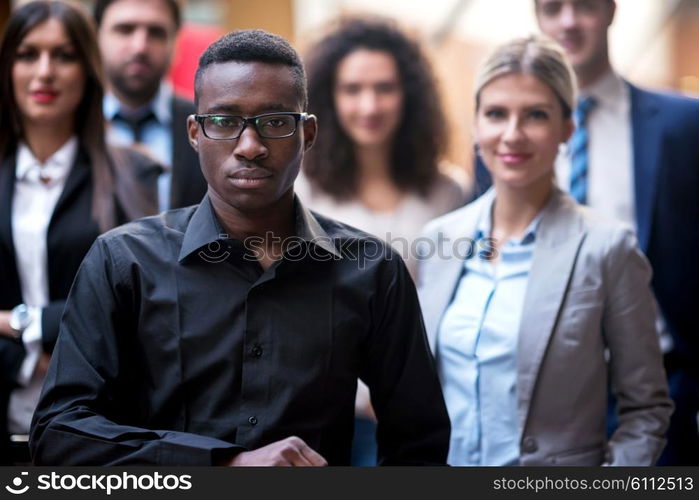 young multi ethnic business people group walking standing and top view