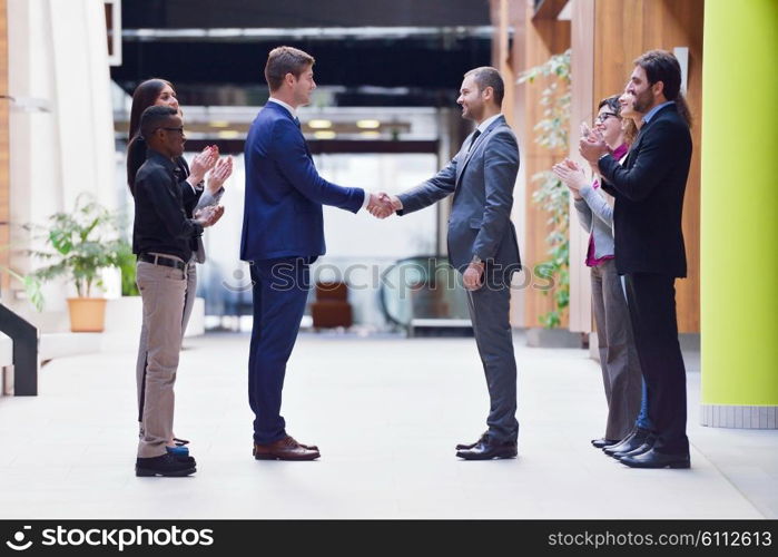 young multi ethnic business people group walking standing and top view