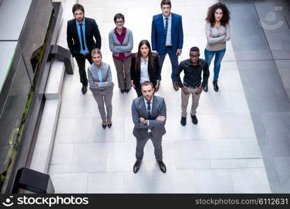 young multi ethnic business people group walking standing and top view