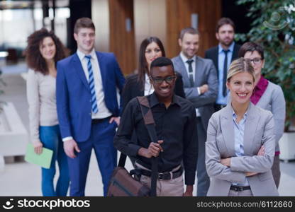 young multi ethnic business people group walking standing and top view