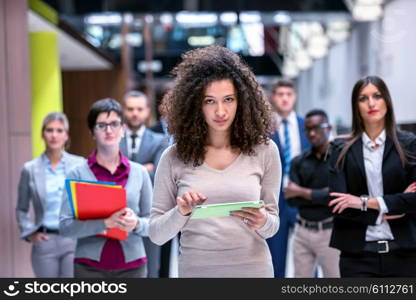 young multi ethnic business people group walking standing and top view