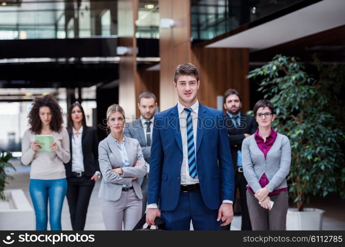 young multi ethnic business people group walking standing and top view