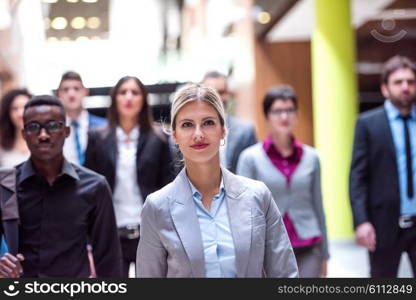 young multi ethnic business people group walking standing and top view