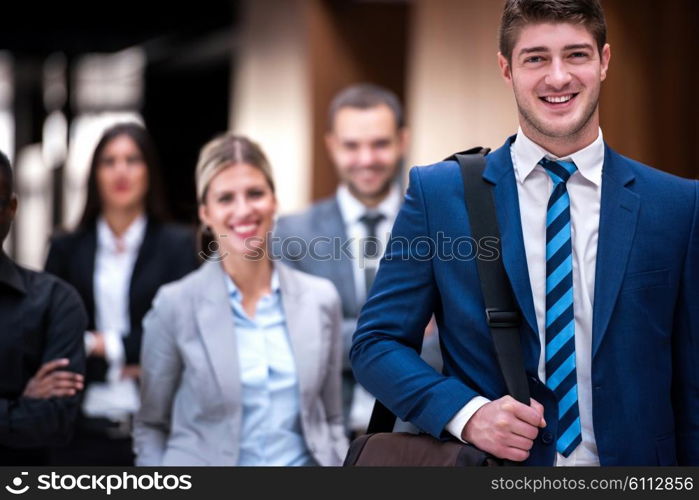 young multi ethnic business people group walking standing and top view