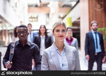 young multi ethnic business people group walking standing and top view