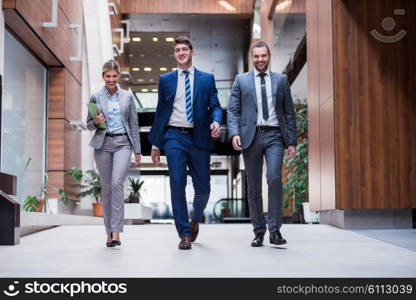 young multi ethnic business people group walking standing and top view