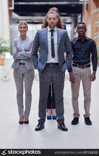 young multi ethnic business people group walking standing and top view