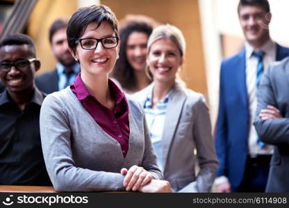 young multi ethnic business people group walking standing and top view