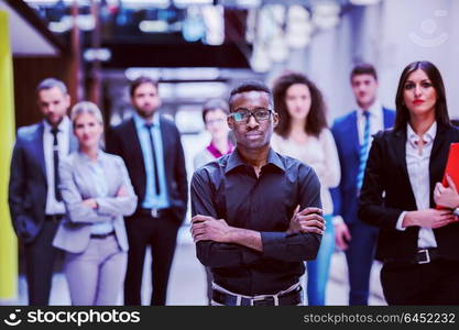 young multi ethnic business people group walking standing and top view