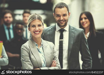 young multi ethnic business people group walking standing and top view