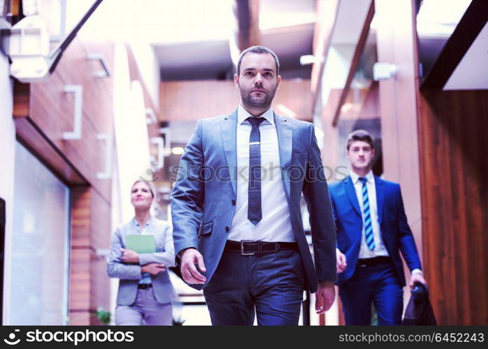 young multi ethnic business people group walking standing and top view