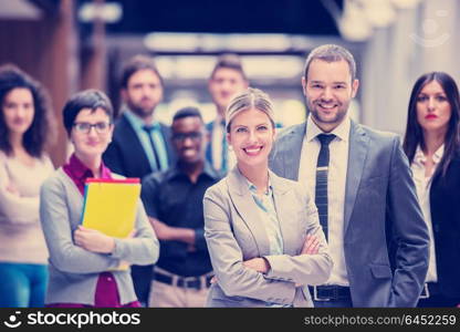 young multi ethnic business people group walking standing and top view