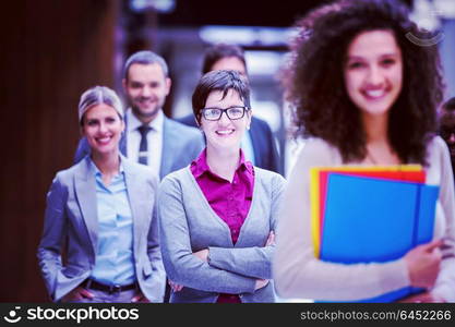 young multi ethnic business people group walking standing and top view