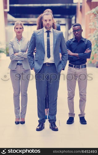 young multi ethnic business people group walking standing and top view