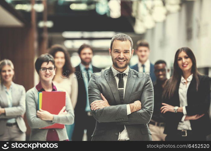 young multi ethnic business people group walking standing and top view