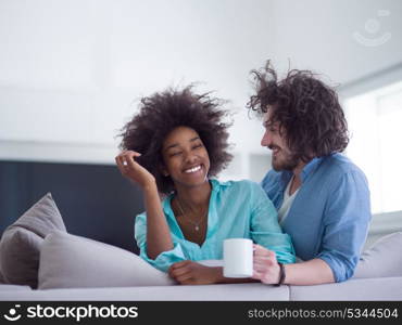 young multiethnic couple sitting on sofa at home drinking coffe, talking, smiling.