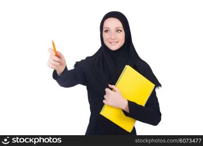 Young muslim student with books on white