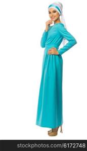 Young muslim woman in blue dress isolated