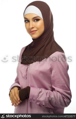 Young muslim woman on white