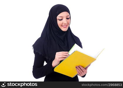 Young muslim woman with book on white