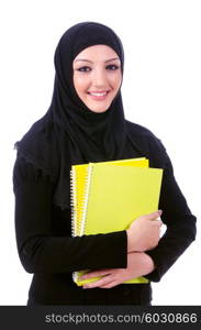 Young muslim woman with book on white