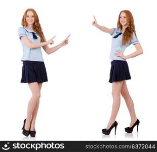 Young naughty student pressing virtual button isolated on white. Schoolgirl isolated on the white
