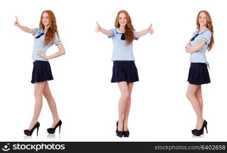 Young naughty student pressing virtual button isolated on white. Schoolgirl isolated on the white