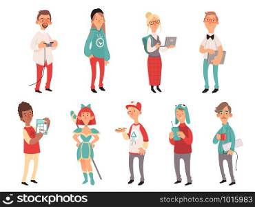 Young nerds. Smart teen geeks boys and girls teenagers technology lovers vector characters. Illustration of nerd and geek, girl teen and boy. Young nerds. Smart teen geeks boys and girls teenagers technology lovers vector characters