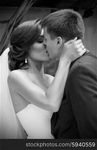 Young newlyweds kissing and summer day (monochrome)