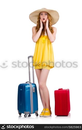 Young nice girl with travel case isolated on white