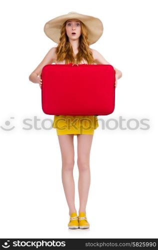 Young nice girl with travel case isolated on white