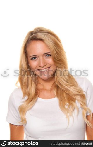young nice woman. cheerful smile. portrait on a white background