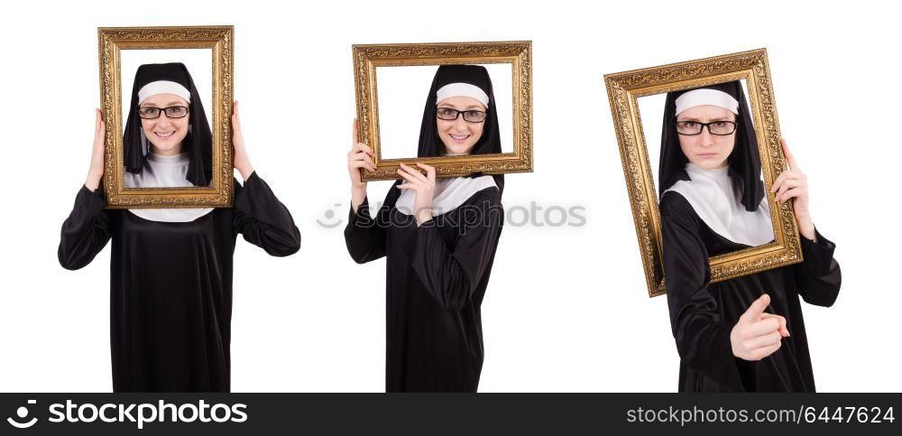 Young nun with frame isolated on white