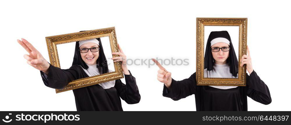 Young nun with frame isolated on white