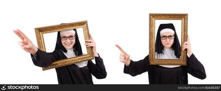 Young nun with frame isolated on white