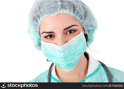 Young nurse closeup portrait over white background