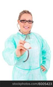 Young nurse holding stethoscope - isolated over white
