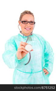 Young nurse holding stethoscope - isolated over white