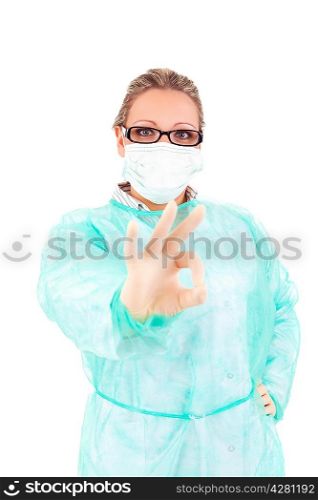 Young nurse signaling ok - isolated over white