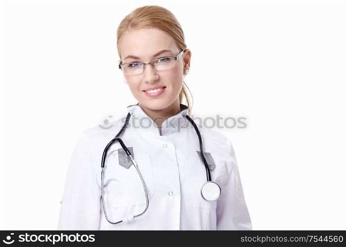 Young nurse with a stethoscope on a white background