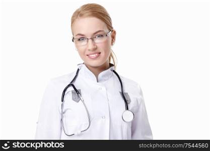 Young nurse with a stethoscope on a white background