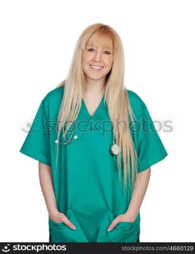 Young nurse with long hair isolated on a over white background